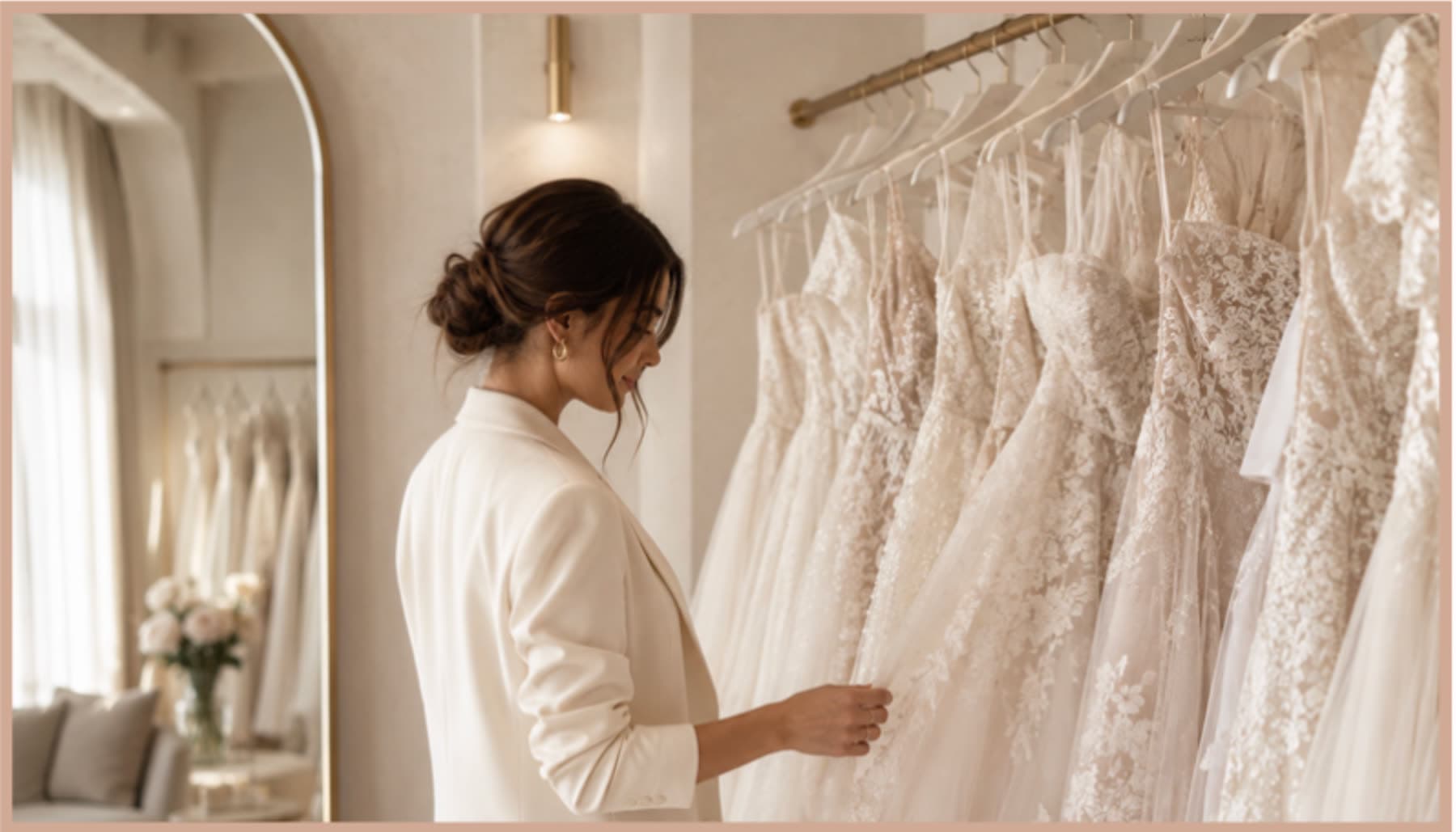 A bride looking through gowns on the rack at the boutique